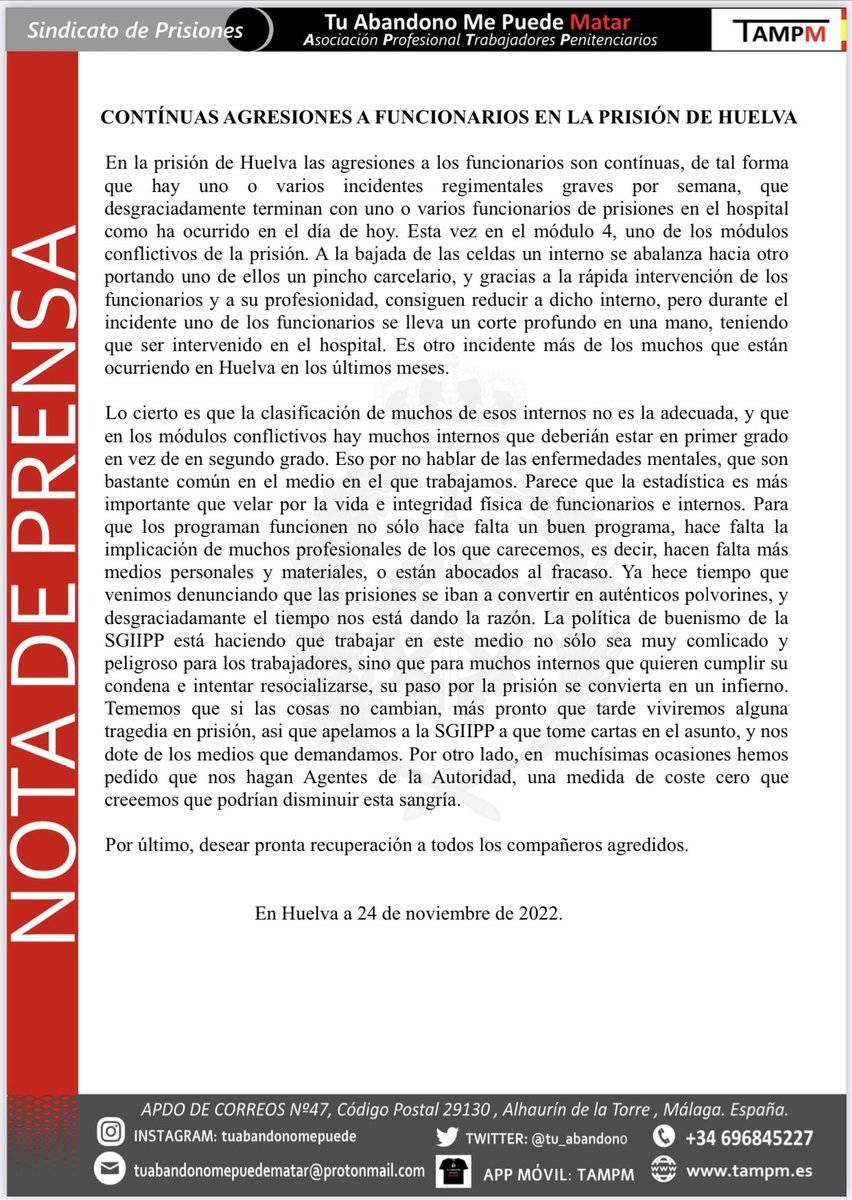 🛑🛑 #ULTIMAHORA | Otra AGRESIÓN a un Funcionario de Prisiones en España 🇪🇸 esta vez, en el C.P de Huelva

👉🏼 Funcionario apuñalado 🔪 en la mano al evitar que un interno peligroso MATASE a otro

Sin ser Agente de Autoridad, Ntras VIDAS están en #BlackFriday, gracias a <a href="/IIPPGob/">Instituciones Penitenciarias</a>‼️