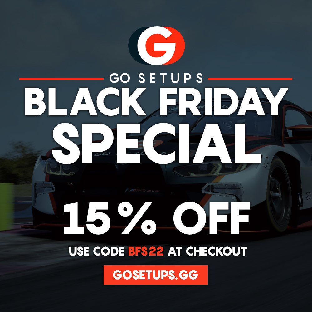 Black Friday 2022 is here! We are happy to announce that we are offering a 15% discount on everything all day, just today! Ends at 12pm CET. 

Happy shopping! 

Buy on gosetups.gg
.
.
.
#assettocorsa #assettocorsacompetizione
#BlackFriday #blackfriday #blackfriday2022