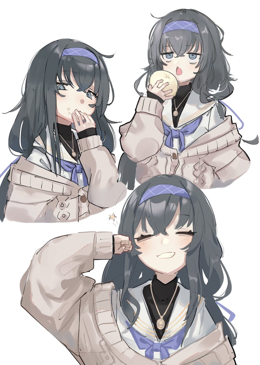 ui (blue archive) 1girl black hair long hair hairband jewelry multiple views food  illustration images