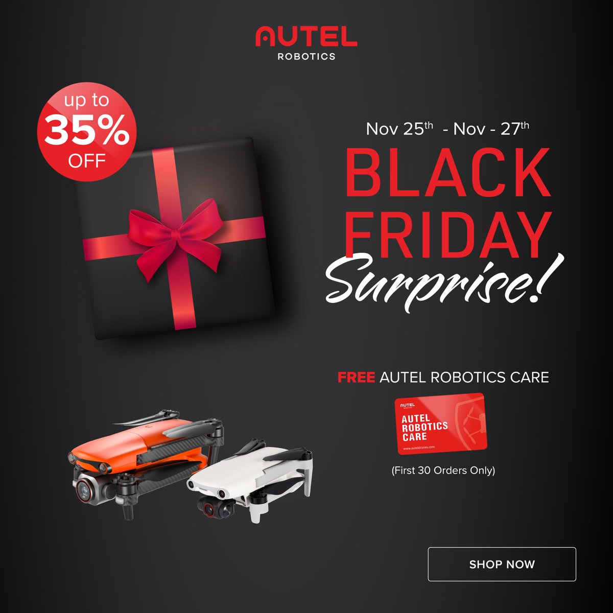 AutelRobotics's tweet photo. Get your BIGGEST DEAL of the year!
Black Friday Offers Live Right Now🎁
Up to 35% Off + Free Autel Care for first 30 orders Nov 25-27!
Codes:
Nano+: BF2022AUTELNANOCARE
Lite+: BF2022AUTELLITECARE
SHOP NOW🛒🏃♀️
https://t.co/zl0nn7k0QR
#BlackFriday #Autelrobotics #auteldrones https://t.co/IQ23umGU2R