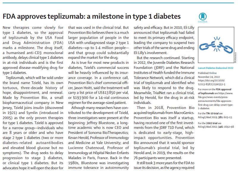 New—FDA approves #teplizumab: a milestone in type 1 #diabetes thelancet.com/journals/landi… #T1D 
#FREE to read with registration (also FREE)