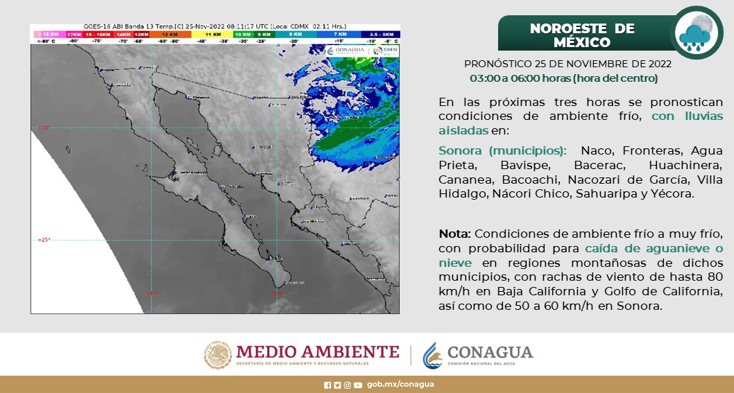 conagua_clima's tweet photo. Precaución por fuertes #Rachas de #Vientos en regiones de #BajaCalifornia y #Sonora, además de probabilidad para caída de #Aguanieve o #Nieve en regiones montañosas de #Sonora https://t.co/I3eSMWvj1P