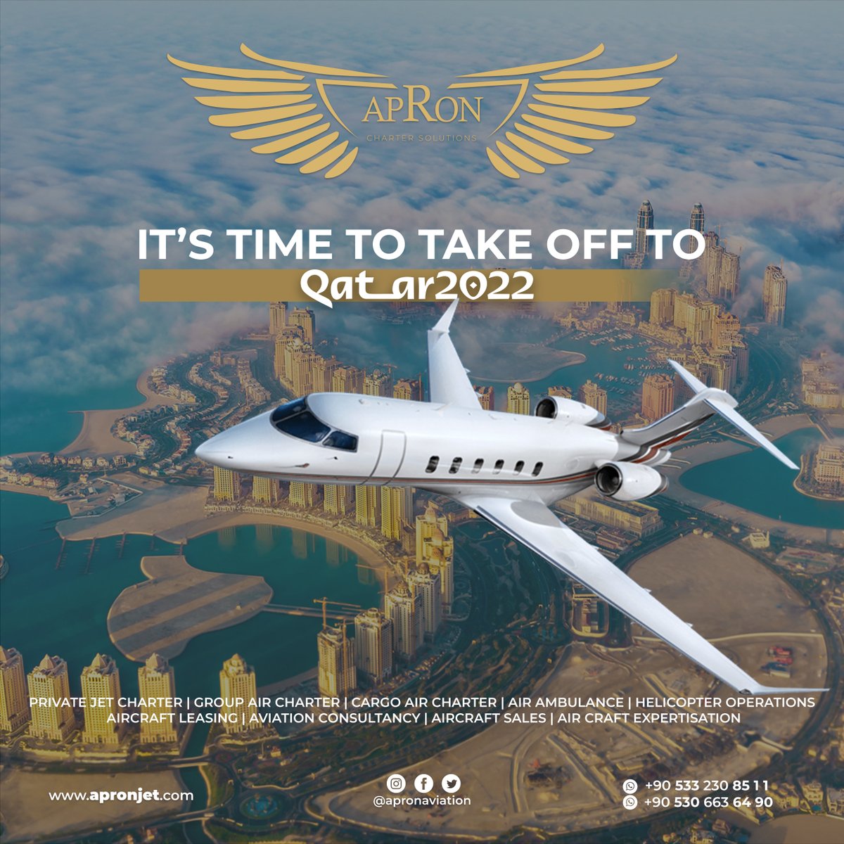 ApronAviation's tweet photo. We are dedicated to providing you the best flights with business jets to Doha for the World Cup 2022 or to anywhere.Our qualified charter managers are available 24/7 and will make your trip as pleasant as possible. Call us and book your private jet charter. #WorldcupQatar2022 https://t.co/AUJ591L43H