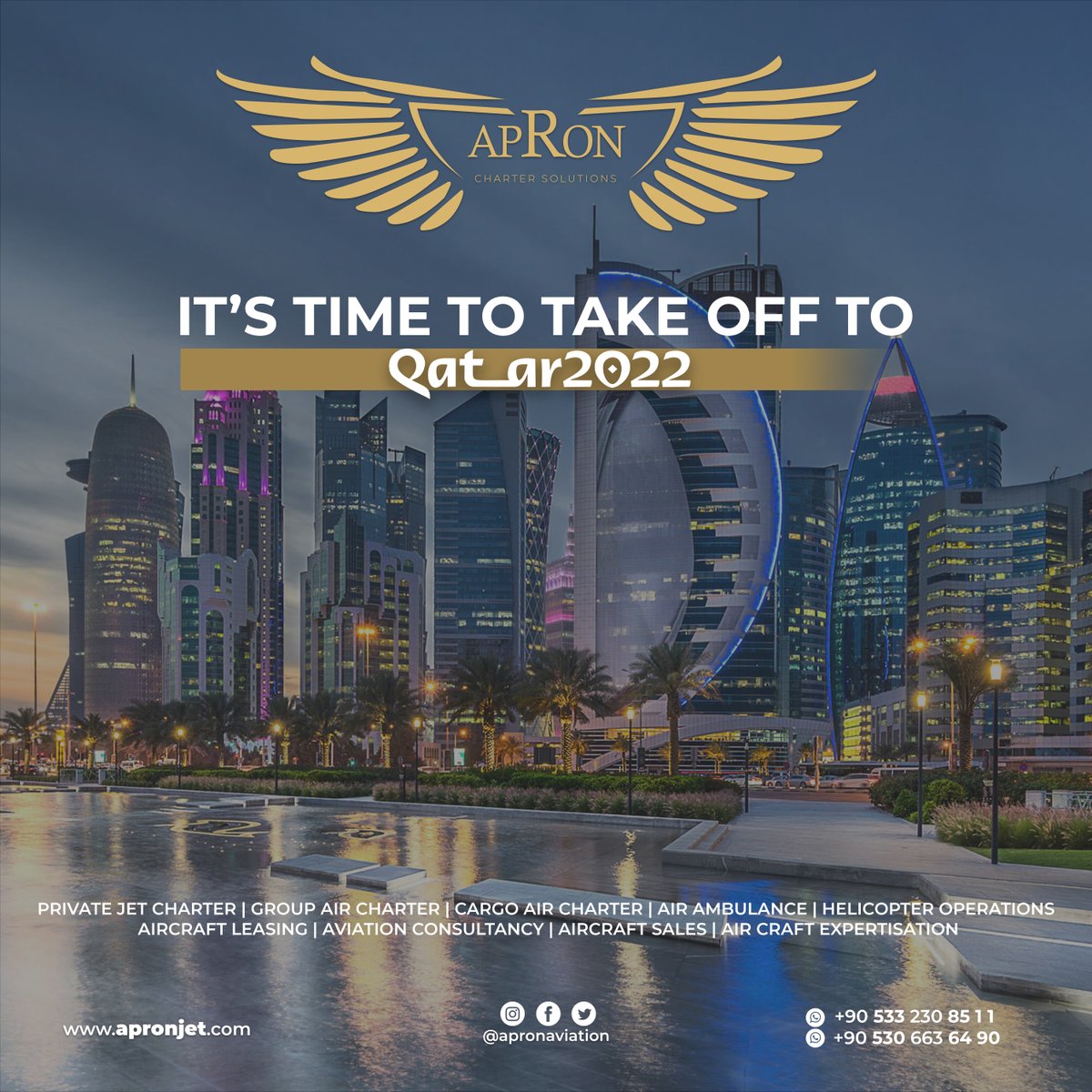 ApronAviation's tweet photo. We are dedicated to providing you the best flights with business jets to Doha for the World Cup 2022 or to anywhere.Our qualified charter managers are available 24/7 and will make your trip as pleasant as possible. Call us and book your private jet charter. #WorldcupQatar2022 https://t.co/AUJ591L43H