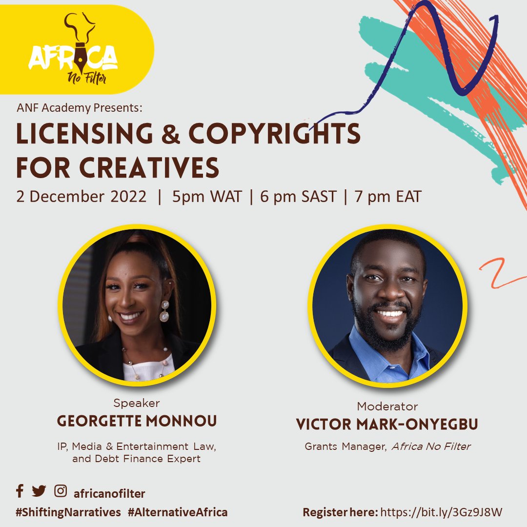 africanofilter's tweet photo. How can creatives keep earning from their art long after it's been produced? Join our webinar “Licensing &amp; Copyrights for Creatives” with IP, Media &amp; Entertainment Law expert, Georgette Monnou, to find out. Register: https://t.co/7FVD3UOBGK #ShiftingNarratives #AlternativeAfrica https://t.co/G7cTVdrF9L