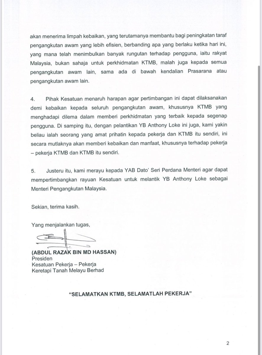 pemikirmsia's tweet photo. Presiden Kesatuan Pekerja Keretapi Tanah Melayu (KTM) merayu supaya Anthony Loke dilantik semula sebagai Menteri Pengangkutan. 

When civil servants and workers plead for a specific boss, you damn well know he's good. https://t.co/2rjeYK9Ho4