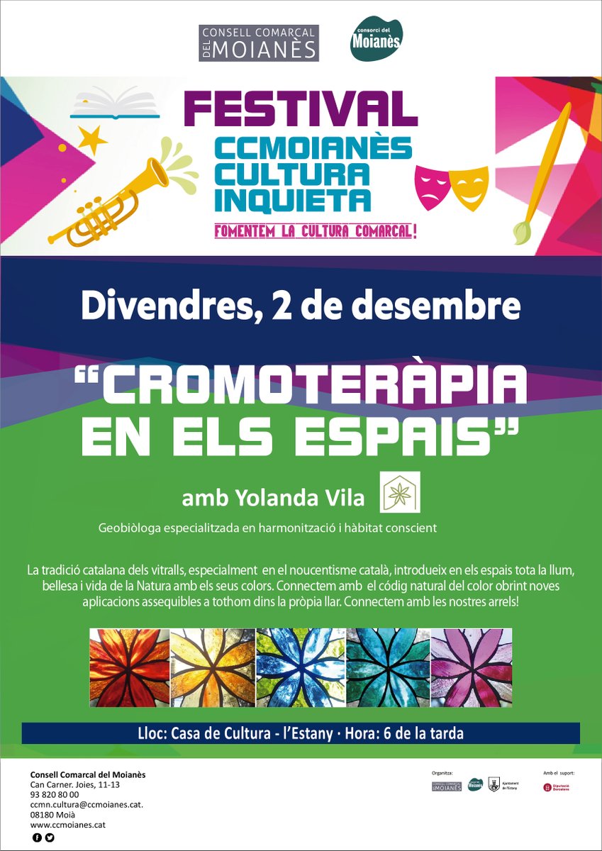 comarcamoianes's tweet photo. 📢Actuacions #CCMoianèsCulturaInquieta:
🟡Núria Clotet: monòlegs i cançons-#26nov @AjCastellcir
🟢Nerea Campo: exposició - #27nov @ViuMonistrol
🟠Yolanda Vila: xerrada Cromoteràpia en espais - #2des @AjEstany
🔵Núria Serra i Carlos Garcia - concert poetitzat #6des @AjEstany https://t.co/2AOX7BFlf2