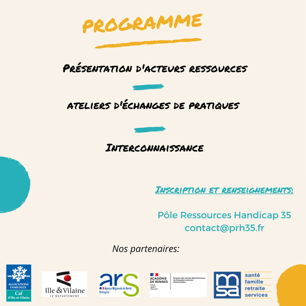 Vous travaillez dans la petite enfance ? Vous vous questionnez sur l'accueil des enfants à besoins spécifiques et/en situation de handicap. Le Pôle Ressources Handicap 35 vous invite à venir échanger sur ce sujet durant la matinée du 5 décembre 2022. 
contact@prh35.fr
#handicap