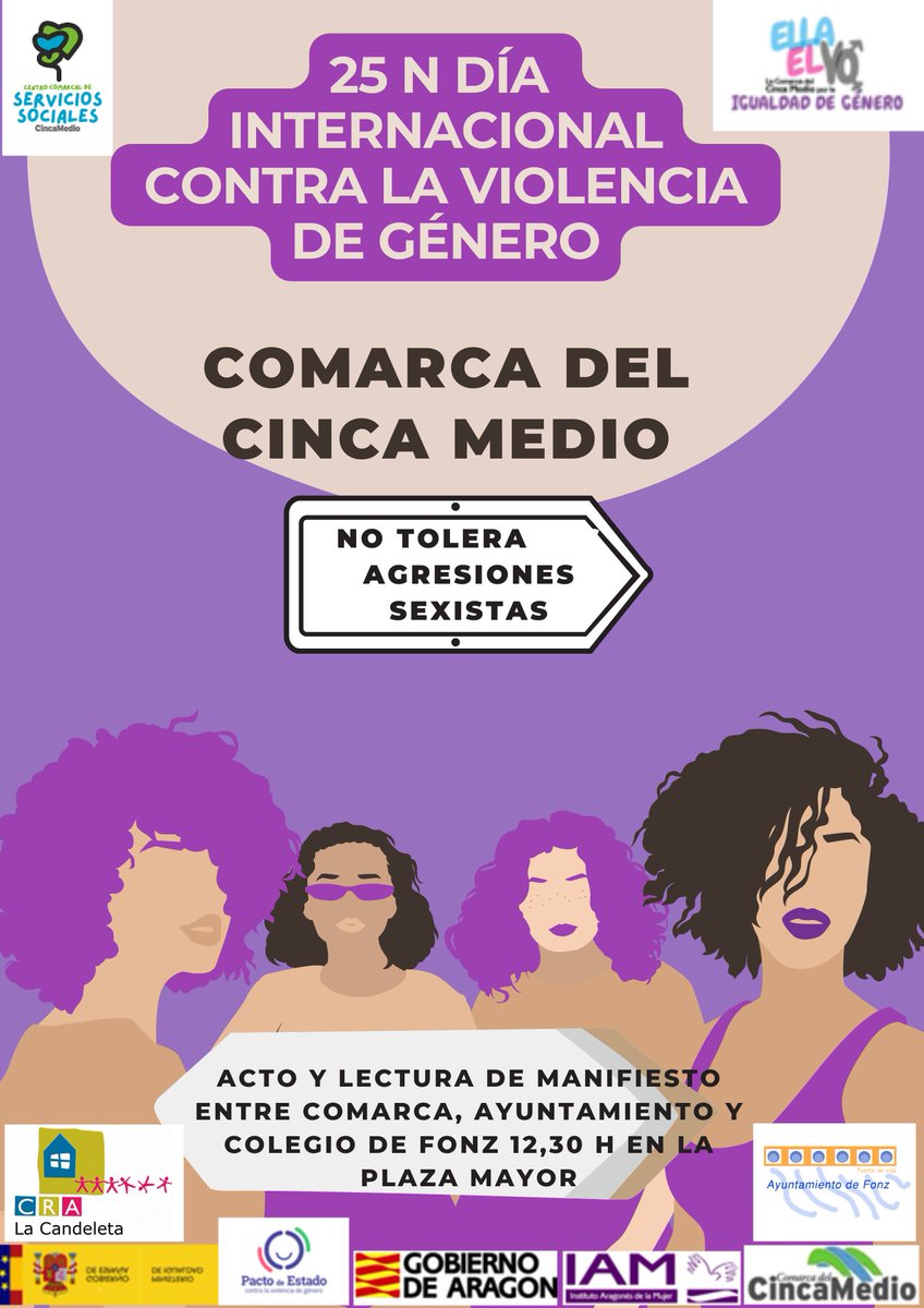 🟣Hoy Día Internacional Contra la Violencia de Género hemos organizado junto a la Comarca del Cinca Medio y el Colegio:
➡ Concentración en la Pllaza 
🕙A las 12.30 
➡ Lectura de manifiesto. 
‼🕙Fonz no tolera agresiones sexistas‼
#niunamasniunamenos2022
