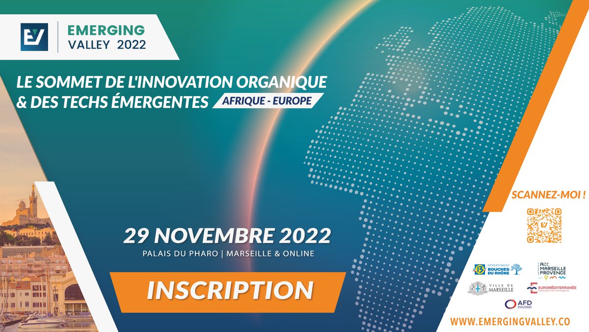 ⏱︎ J-4 avant <a href="/emergingvalley/">emergingvalley</a> sommet international dédié à l’innovation africaine ⏱︎

📅 Mardi 29 novembre 2022
📍Palais du Pharo à Marseille 

L’évènement est ouvert à tous, gratuitement, sur simple inscription (obligatoire) par ici : online-emergingvalley.co