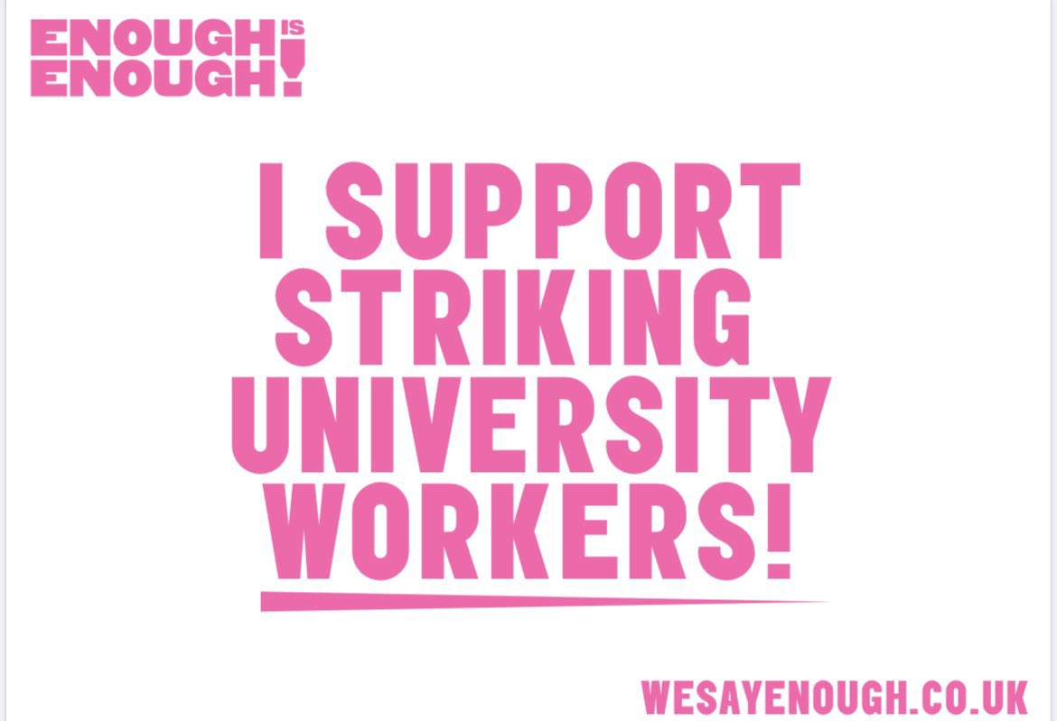70,000 UCU members are on strike today

The university sector is on its knees

Students pay thousands

Staff get pension and pay cuts

We can’t go on like this

Get behind us👊

Put this poster in a window to show your support!

Victory to UCU

#ucuRISING

wesayenough.co.uk/app/uploads/20…