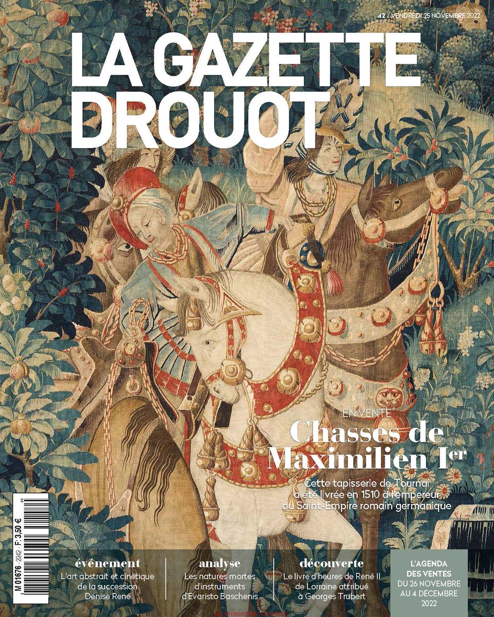 gazette_drouot's tweet photo. La Gazette de la semaine est arrivée ! 🙌

En Une : une tapisserie du XVIe, commandée par Maximilien Ier, bientôt chez @Aguttes_ 

Mais aussi, notre rencontre avec @MilovanCavor et la succession Denise René aux enchères chez @digardauction 

RDV sur ➡️ https://t.co/EyMidDAIq4 https://t.co/m56g4fEE4P