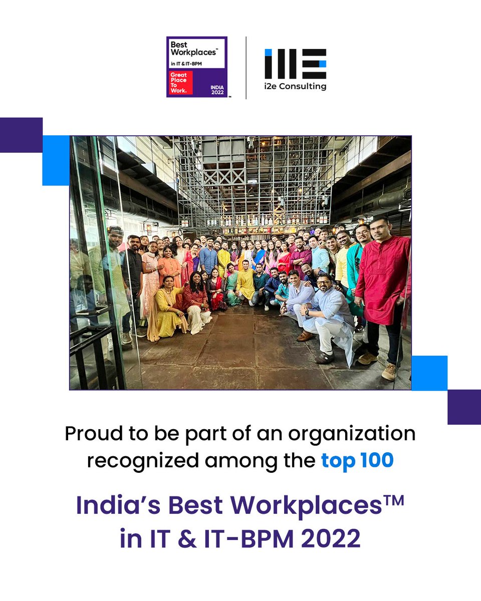 I2eC's tweet photo. i2e Consulting is now among top 100 Great Places to Work in IT &amp; IT-BPM for the year 2022. We are proud of our team and congratulate them for making i2e a Great Place To Work!
.
.
#i2econsulting #greatplacetowork #greatplacetoworkindia #gptw #greatplacetowork2022 https://t.co/eLKfHReHJD
