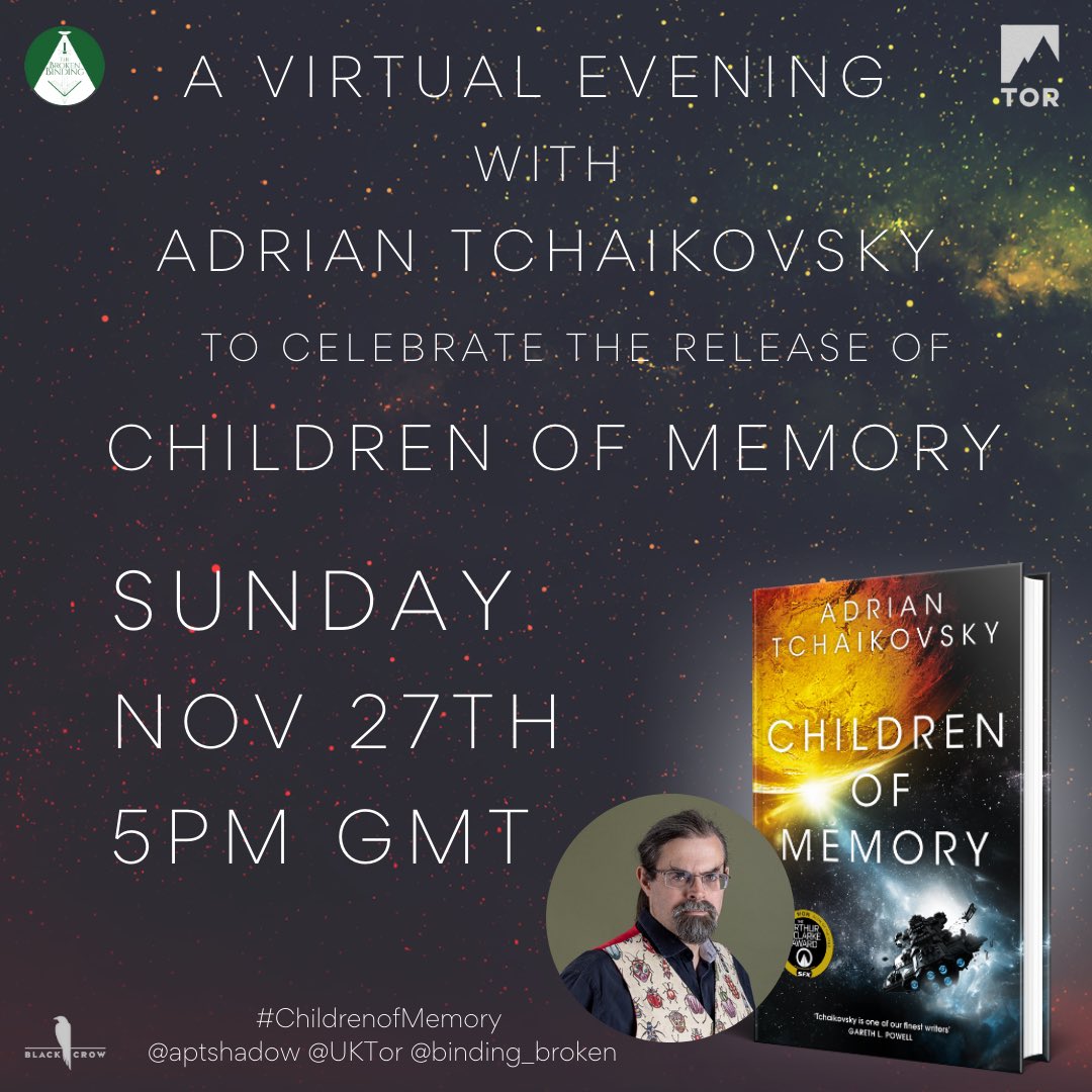 TheFantasyHive's tweet photo. Weβre collaborating with @BlackCrow_PR & @binding_broken for a virtual #ChildrenofMemory launch where our @JonathanThornt2 will be in conversation with @aptshadow
Join us Sunday, Nov 27th at 5pm (GMT)
Reserve your spot here: https://t.co/vFjvQX2zyF https://t.co/E17dj0Ky3m