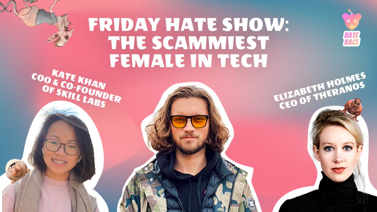 race_hate's tweet photo. 👺 The Friday Hate Show: Episode 15. The scammiest female in tech💋
This week we will discuss one of the shadiest business-woman of modern history, our #ratoftheweek - Elizabeth Holmes🐀🧬
⏰ 25 November, 17:30 CET
📺 https://t.co/9OW3LmWab6 https://t.co/HHleitVIpk