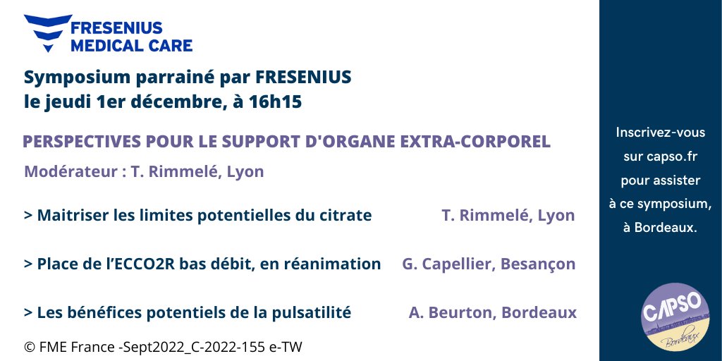 JourneesCAPSO's tweet photo. 👉Venez assister au symposium de @FMC_FRANCE le jeudi 1er décembre, avec Thomas Rimmelé, Gilles CAPELLIER et Antoine Beurton.
🖱️Inscription: https://t.co/vORbVegfy7
📄Programme complet de #capso22: https://t.co/90r0u3zhta
#extracorporel #citrate #ECCO2R #réanimation https://t.co/8XsXcBFeBO