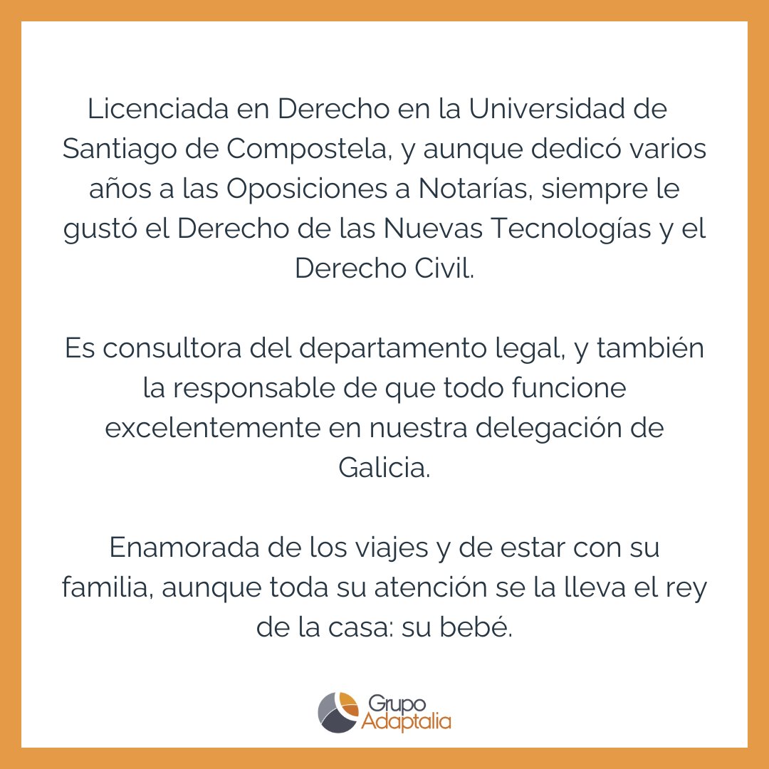 Nuestro #EquipoAdaptalia cuenta con muchos expertos, entre los que hoy queremos destacar a Paula.

Su pasión por el Derecho a la Privacidad durante la carrera fue lo que le llevo a su puesto de trabajo actual en Grupo Adaptalia, en el que lleva más de 5 años.