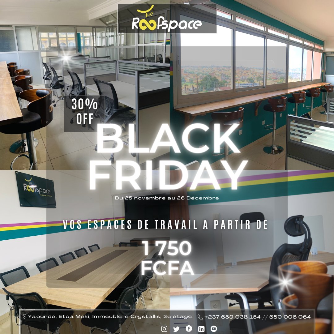 🎊PROMO SPECIALE BLACK FRIDAY🎉🎁

Profitez d’une réduction de 30% sur tous nos espaces de travail, dans un cadre serein offrant de nombreux autres avantages.

N’attendez pas.. laissez nous un message ou contactez-nous au 659 038 154 // 650 006 064

Valable jusqu’au 26-12-22.