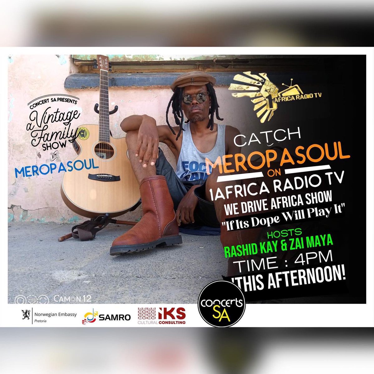 ConcertsSA's tweet photo. Catch @meropasoul_sa this afternoon at 16:00 on @1africaradiotv1โs โWe drive Africa showโ with @rashid_kay and @DJZaiMaya talking about his upcoming โA Vintage Family Showโ, supported by Concerts SAโs Digital Mobility Fund (#DMF5).
See all the supporting acts.
#DMF5 #LiveMusic https://t.co/cOzPyQQKw1