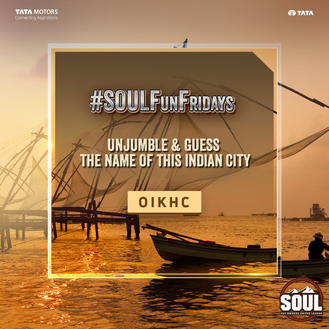 TataMotors_Cars's tweet image. #SOULFunFridays is here to test the explorer in you! Solve this riddle if you are a true travel lover.

Unjumble the given letters and let us know your answers in the comments below.

#DriveWithSOUL #FunFridays #ConnectWithSOUL #Harrier #Safari #Puzzle #Quiz #Unjumbled
