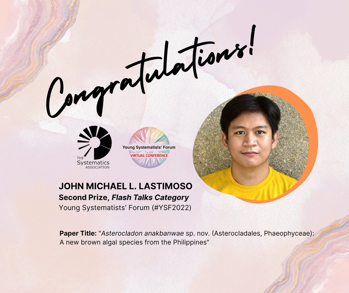 Congratulations to our in-house research associate & UP Marine Science Institute (@up_msi) MSc in Marine Science student, John Michael Lastimoso (@taonglumot), for bagging 2nd Prize of the Flash Talks category during this year’s Young Systematist Forum (#YSF2022)! 🥳🤩