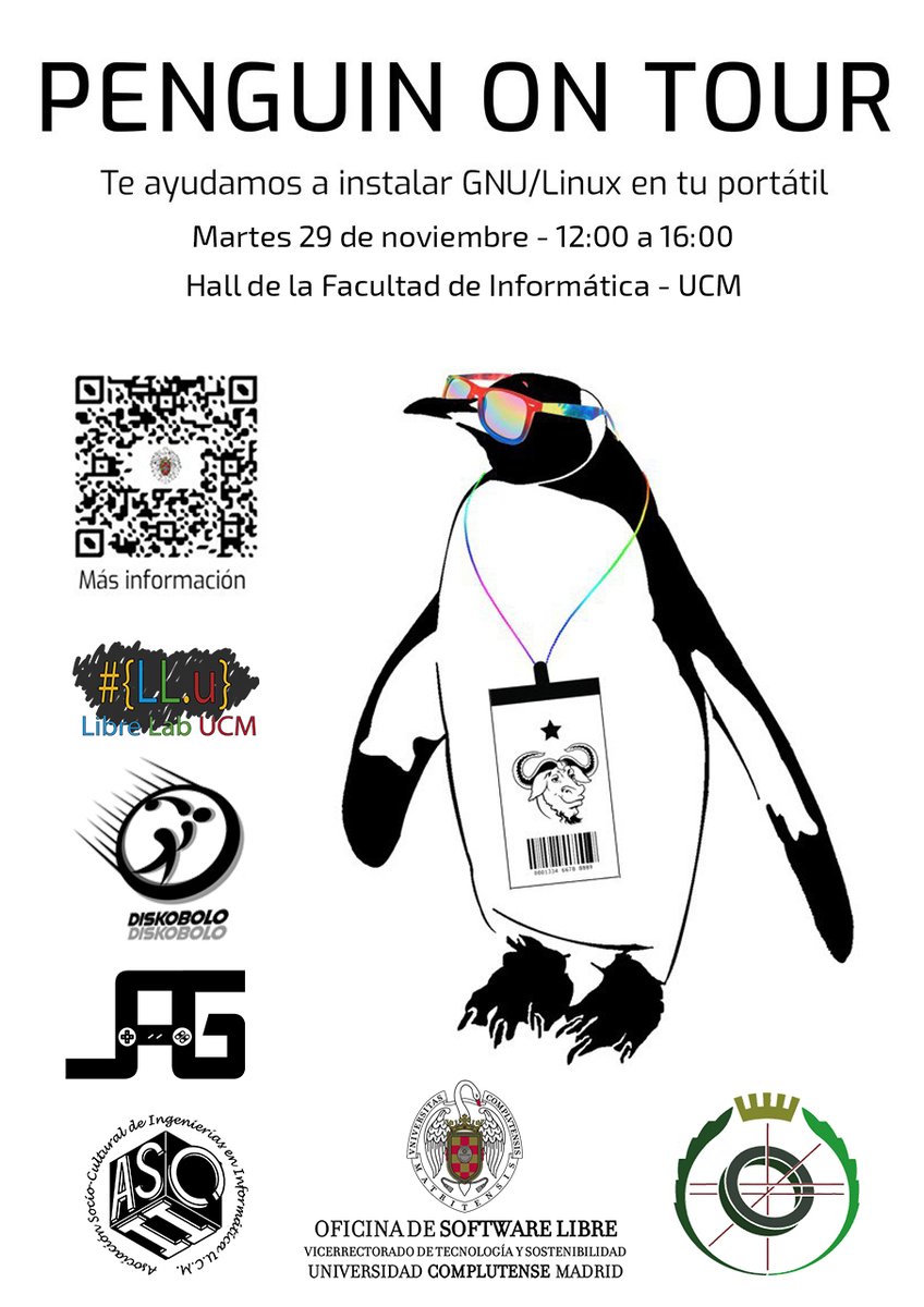 oteaucm's tweet image. Rescatamos una de nuestra tradiciones pre-pandemia: ¡la #PenguinOnTour!
Acude con tu portátil y te lo llevas &quot;con pingüino&quot;🐧.
🗓️ 29/11 12:00-16:00
📍Hall de @informaticaucm
Contamos con más refuerzos que nunca... ¡TODAS las asociaciones de estudiantes de la facultad! 🦾