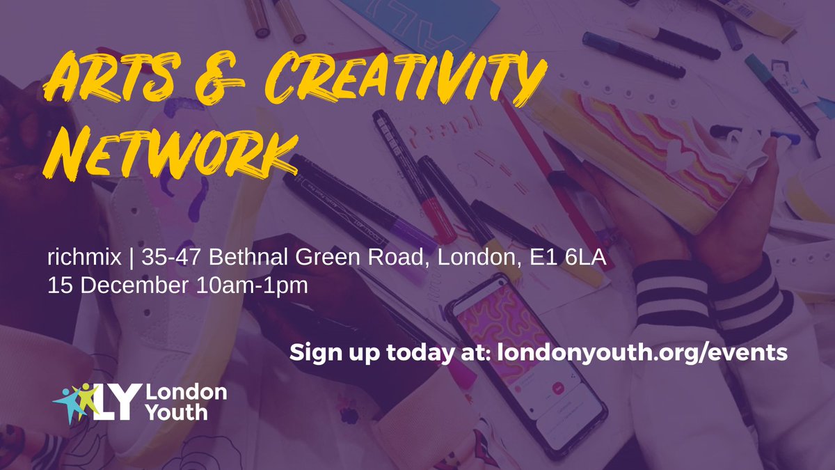 LondonYouth's tweet photo. 🖌️🎨 Our next Arts &amp; Creativity Network is on 15th December!

🧠 The theme of this network will be creativity and mental health. Hear from expert speakers and discuss key topics with other youth professionals.

Sign up here ➡️ https://t.co/G4Kf241yIg https://t.co/uX7RnhArrj