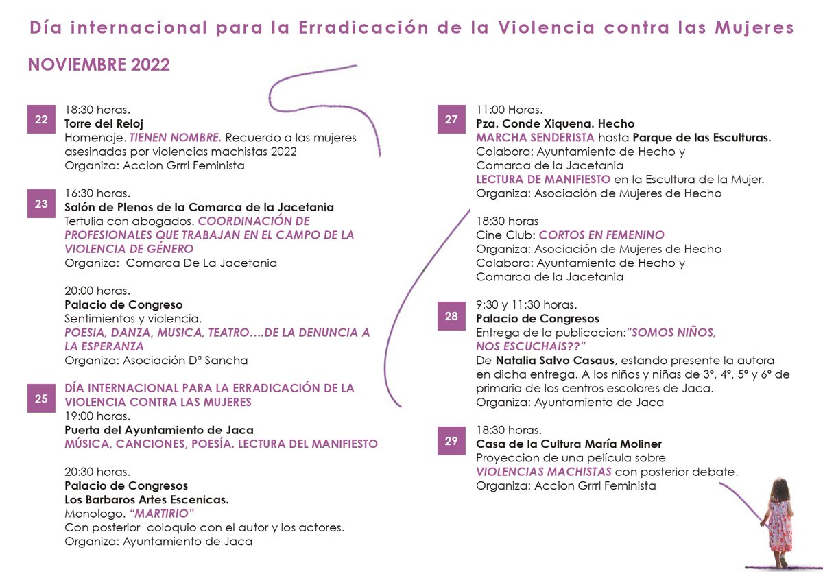 cJacetania's tweet photo. 🟣#25N #Juntascontraviolenciasmachistas
Desde la Comarca de la #Jacetania os animamos a participar en los Actos organizados para conmemorar el 25N y mostrar nuestro rechazo total a la #violenciadegenero.
@AytoJaca @IA_Mujer https://t.co/IgNERcTVzX