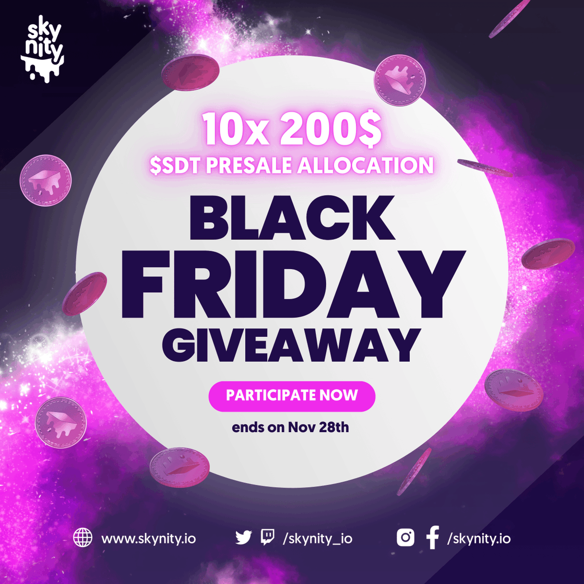 ⬛️ Huge Black Friday #Giveaway ⬛️🎉

Take part to get a chance to win one of 10x $200 worth of $SDT allocation (for $0.04 presale price) 🏆

How to join?🙋
1️⃣Follow <a href="/SkyNity_io/">SkyNity</a> 
2️⃣Like and RT
3️⃣Tag 3 friends

Lasts 3 days only!

⏰ Ends on 28th Nov, 8 pm UTC

#BlackFriday #Crypto
