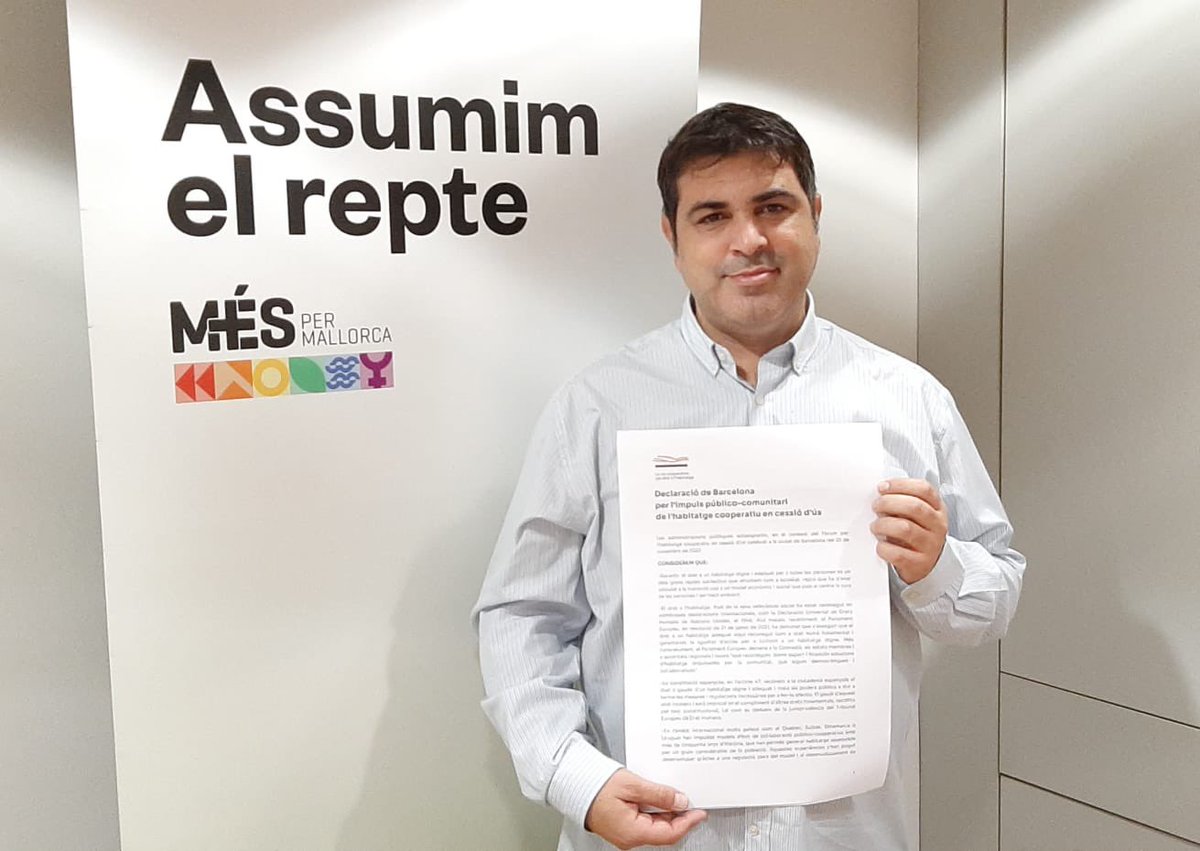 JosepFerra's tweet photo. Des del Grup Parlamentari de @MESperMallorca ens adherim a la Declaració de Barcelona per l'impuls público-comunitari de l'habitatge cooperatiu en cessió d'ús. Una iniciativa impulsada per la via cooperativa pel dret a l'habitatge @XES_cat. Gràcies @sostrecivic #REASBalears. https://t.co/Dj0JmePnR2