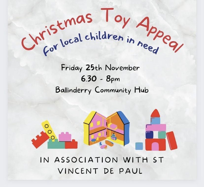 Tonight at <a href="/HubBallinderry/">Ballinderry Community Hub</a> <a href="/BallinderryGAC/">Ballinderry Shamrocks GAC</a> if you haven’t had time to shop, we will accept cash donations this evening. All gifts and cash will be passed directly after event to Saint Vincent De Paul Magherafelt branch ❤️