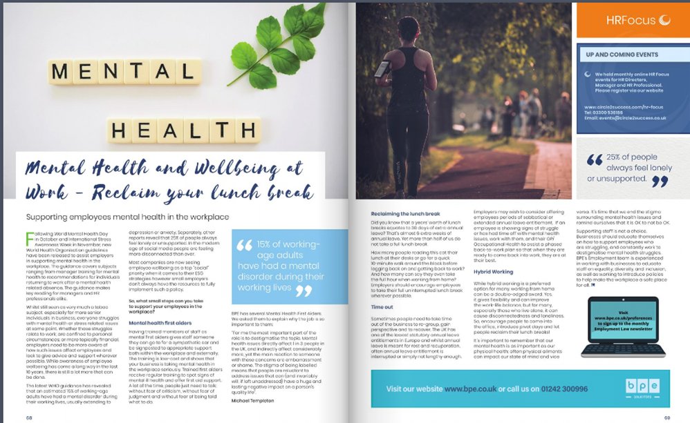 #MentalHealth &amp; #Wellbeing at Work - Reclaim your Lunch Break!
Supporting employees mental health in the workplace

"15% of working adults have had a mental disorder during their working lives"

find out more from the @BPE_Solicitors employment team here:
circle2success.com/c2s-business-m…