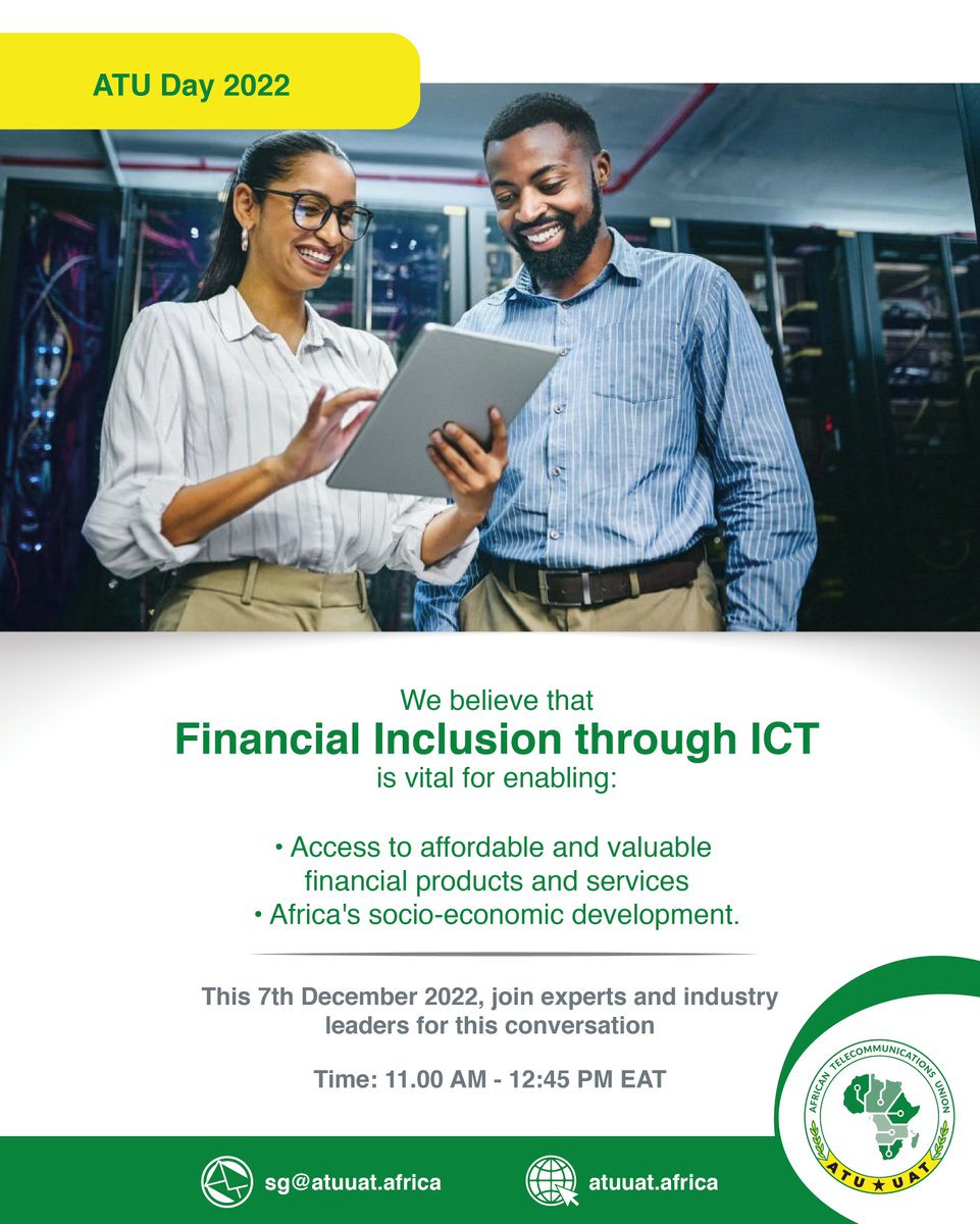 atu_uat's tweet photo. Everyone must benefit from affordable and valuable financial products and services. @atu_uat is keen to ensure that this is the case today, tomorrow & in the future. Let us share thoughts about this & more on 7th Dec, #ATUDay. Click: https://t.co/TzTXX1RuYS
@ITU @NationalNatcom https://t.co/TwVY3mIp0J