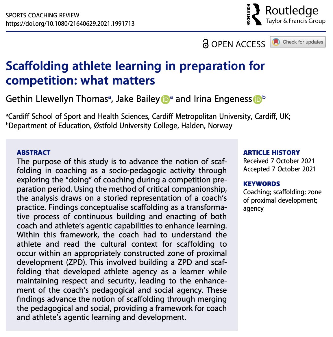 ‘Scaffolding athlete learning in preparation for competition: what matters’ @gethllew10, Jake Bailey (@TheCoaching_Hub) and @IEngeness’ (@hiofnorge) paper is available open access @tandfsport doi.org/10.1080/216406…