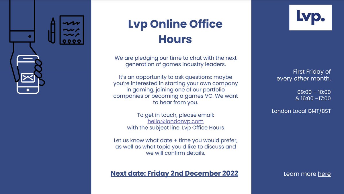 The final Lvp Online Office Hours of 2022 is here - Friday 2nd December! As always, email us with the title 'Lvp Office Hours' to book a slot, more info below. And don't worry, we'll be here in 2023 too :)