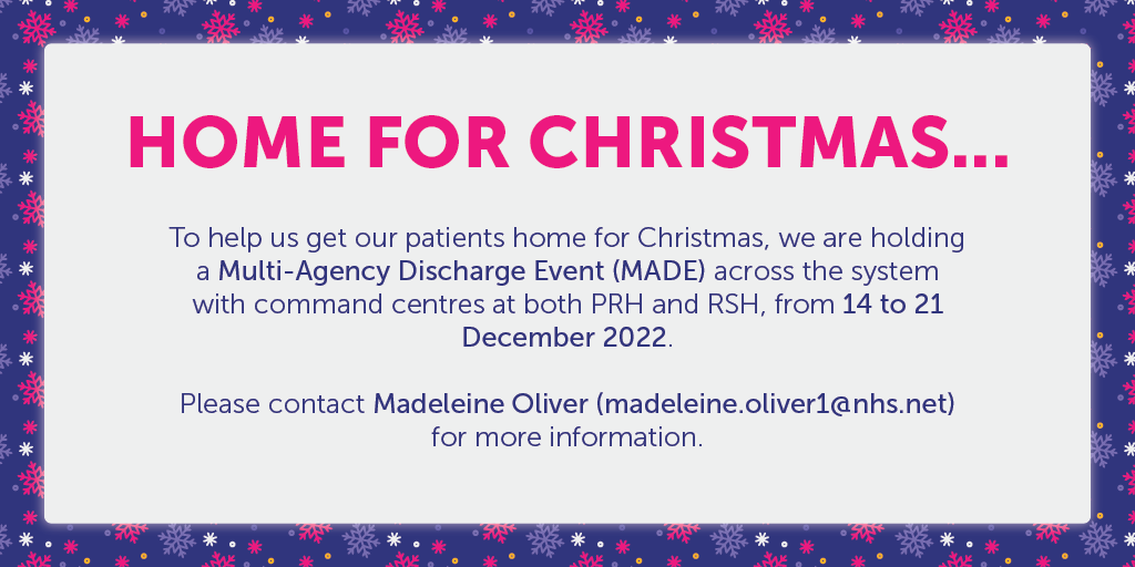 Thank you to everyone who joined yesterday’s initial planning meeting for MADE. If you want to be part of supporting our patients safely HOME FOR CHRISTMAS please get in touch 🎄🎄🎄