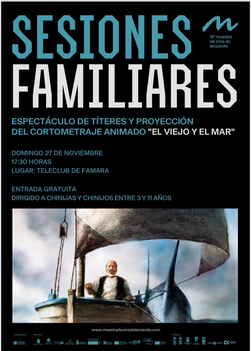 Este domingo 27 de noviembre 17.30h disfruta de un espectáculo de títeres y la proyección “El viejo y el mar” dentro de la @muestralanzarote en el teleclub de La Caleta de #Famara 🎬🎥