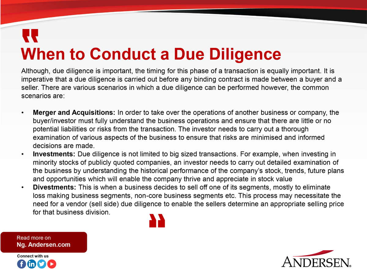 AndersenNigeria's tweet photo. Have you ever heard of the term due diligence in a transaction? Ever wondered why it is so popular amongst investors or corporations?
Read more: https://t.co/sgCSkg2eCf
#Duediligence #companies #Investments #Mergersandacquisitions #Divestments https://t.co/B3LjFVUQZh
