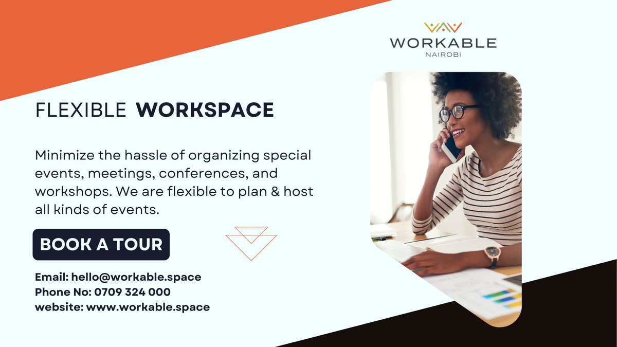 Minimize the hassle of organizing special events, meetings, conferences, and workshops. We are flexible to plan &amp; host all kinds of events. #flexibleworkspace#WorkableNairobi#Coworking #coworkingspace #coworkinglife #coworkingspaces#coworkingoffice#coworkingcommunity