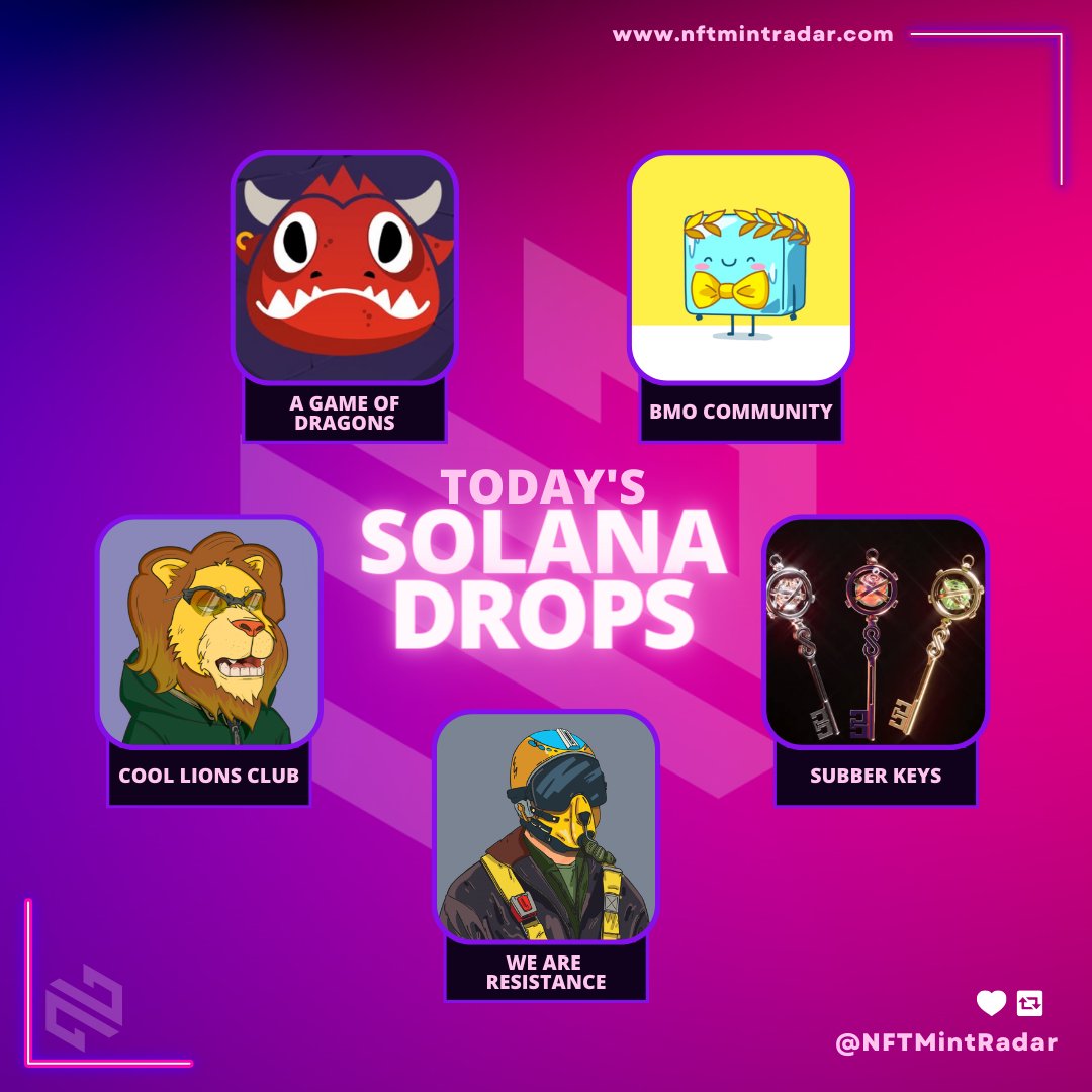 🚀 Daily #Solana Mints 🚀

🗓️25th November

🟣<a href="/COOLionsClubNFT/">COOL Lions Club | NFT project on Solana</a>| 0.5◎
🟣@aGameOfDragons| 1.5◎
🟣<a href="/BmoCommunity/">BMO</a>| 0.5 ◎
🟣<a href="/subberxyz/">Subber.xyz</a>| 3◎
🟣<a href="/NFTWeResistance/">We Are Resistance</a>| 2◎

#NFT #NFTs #NFTdrops #NFTCommunity #Solana

You Can Check Details in Here⬇️
bit.ly/TodaysSolana