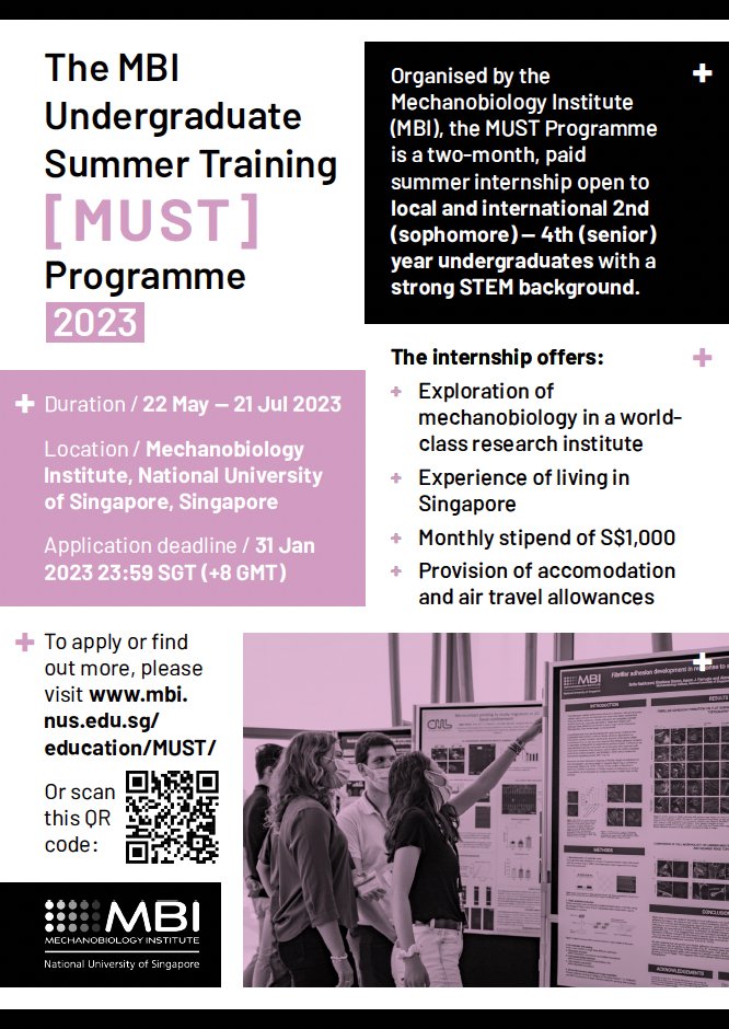 📢 PhD scholarship &amp; Summer Internship alert!

Mechanobiology Institute, Singapore <a href="/MBIsg/">Mechanobiology Institute</a>, offers
- Fully-funded 4-year PhD scholarships for the August 2023 intake
- 2-month Summer internship from 22 May to 21 June 2023

Apply by 8 or 31 January 2023, respectively! 

1/2