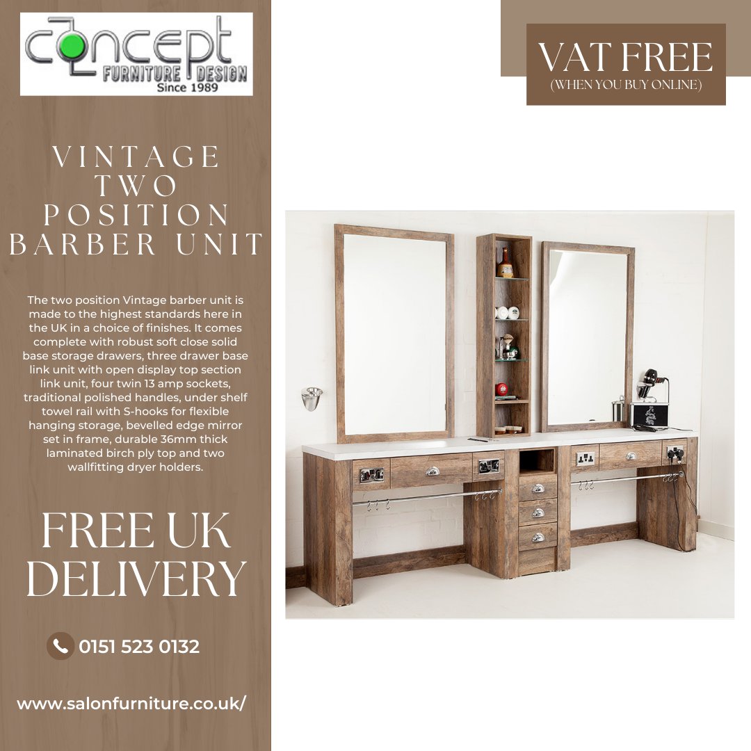 Get this #Vintage #Two #Position #Barber #Unit for as little as £2148.00 when you BUY online - ecs.page.link/SaMhb

#furniture #salonfurniture #barbershopfurniture #receptionfurniture #receptiondesks #salonmirrors #barberunits #barbermirrors #stools #waitingseats #chairs