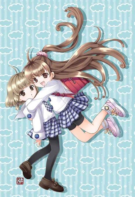 #双子の日 らしいので過去作「ふたごザウルス」髪の毛のボリュームのせいでどこでトリミングしようか10分くらい迷った絵です^^(そのまま載せた) 