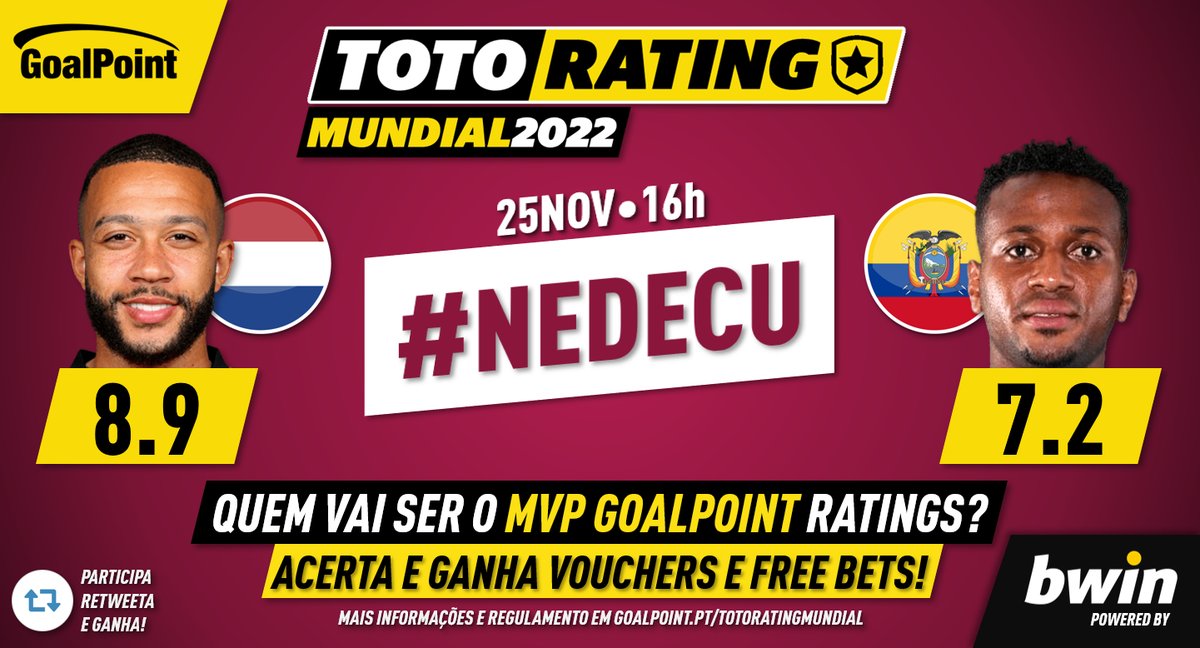 _Goalpoint's tweet photo. ⭐️ Acerta o MVP GoalPoint do #NEDECU 🇳🇱🇪🇨 e ganha 30€ em voucher + free bets! 🔥⚽️

👉 Segue @_Goalpoint e @bwin_portugal
👉 Responde a este tweet com:
Jogador + Rating + #TotoRatingMUNDIAL
👉 Retweeta este tweet
Boa sorte! 💪

+ info 👉 https://t.co/My3SLSgYUL
#Qatar2022 https://t.co/iVKWwQa0GT