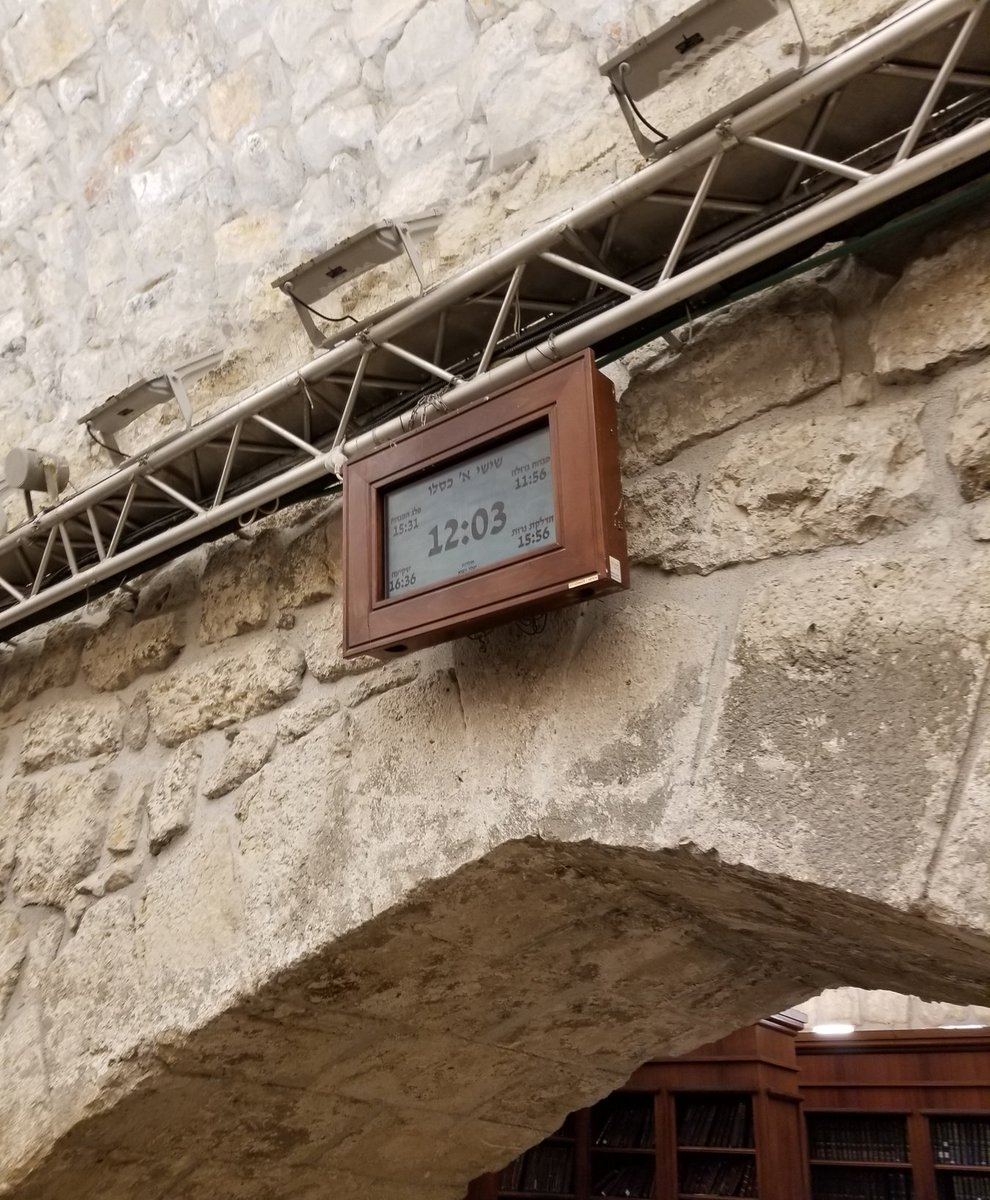 Inside a side tunnel at the Western Wall, a picture of a clock that reads "12:03"