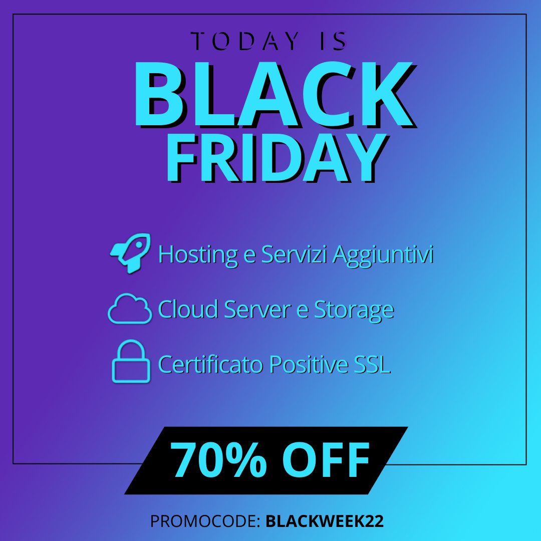 Shellrent's tweet image. ⚫ Oggi è il #BlackFriday ⚫
💥 70% di sconto ancora per pochi giorni su Hosting, Cloud e molto altro
🔗Su shellrent.com/black-week-2022 tutti i dettagli

#shellrent #blackweek #hosting #cloud #storage