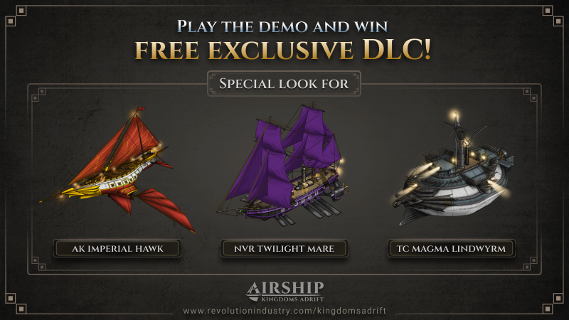 Exclusive DLC Giveaway challenge is here! 

Play the demo and PVP mode to win all these exclusive skins of these starter airships. 

👇Join our Discord to see more info on the challenges! 
discord.com/invite/BVcgwY6…

#indiegame #indiedev #gamedev #giveaway #airship #PCgames #gamer