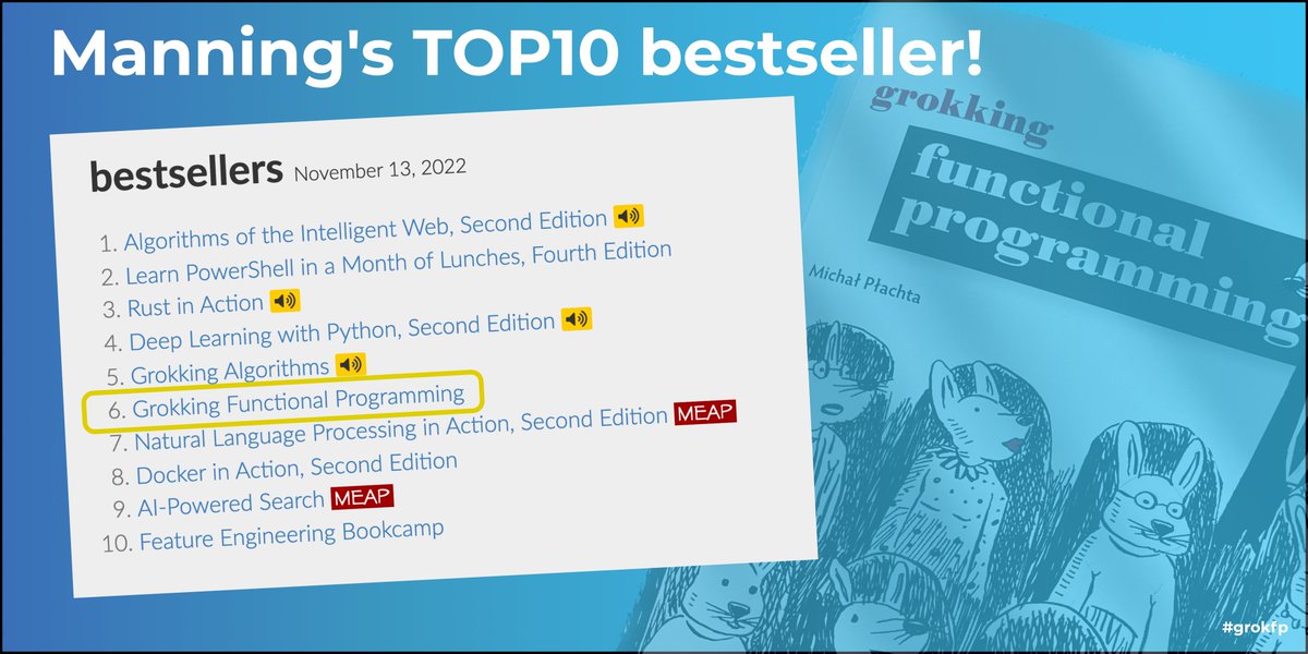 You can still become a productive functional programmer by reading "Grokking Functional Programming"! 

I am honored the book has been featured on the <a href="/ManningBooks/">Manning Publications</a> bestseller list. 🏅

🎁If you are thinking about holiday gifts, the book is 50% off today! manning.com/books/grokking…