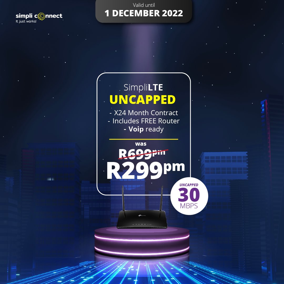 SimpliconnectZA's tweet photo. Super fast uncapped #SimpliLTE is finally here.  Get 30Mbps for as little as R299pm for 24 months. 
 
Get connected now:
https://t.co/duqHZT3TMr
Whatsapp: 072 386 4335
Email: sales@simpliconnect.co.za
 
 #BlackNovember #cybermonday #LTE  #uncappedlte
*Valid until 1 December 2022 https://t.co/M74UW7Q2Y4