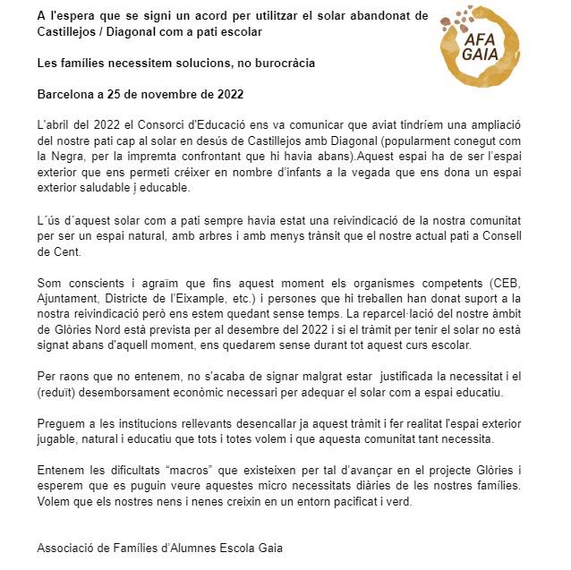 📢Les famílies Gaia necessitem solucions, no burocràcia. 
<a href="/paugv87/">Pau Gonzàlez Val</a> <a href="/JosepGCambray/">Josep G. Cambray</a> <a href="/educaciocat/">Educació</a> 
<a href="/consorciedubcn/">Consorci d'Educació</a>
<a href="/jordimvila/">Jordi Matas Vilà</a>
<a href="/mar_trallero/">Mar Trallero</a>
<a href="/Bcn_Eixample/">BcnEixample</a>
<a href="/bcn_ajuntament/">Ajuntament de Barcelona</a>
<a href="/BCN_Ecologia/">BCN_Ecologia</a> <a href="/btvnoticies/">btv notícies</a>
 <a href="/cafedidees_rtve/">Cafè d'idees</a> 
 <a href="/diariARA/">diariARA</a>
 <a href="/elpaiscatalunya/">EL PAÍS Catalunya</a>
 <a href="/elperiodico/">El Periódico</a>
 <a href="/LaVanguardia/">La Vanguardia</a>